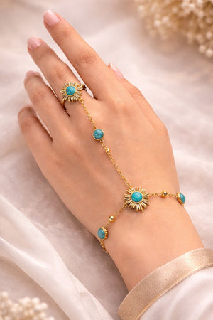 Gold Turquoise Sun Hand Chain Bracelet Ring