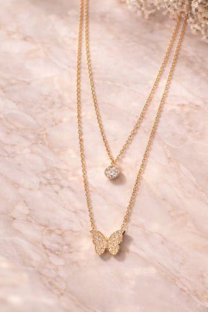 Elegant Gold Butterfly Double Layer Pendant Necklace with Crystal