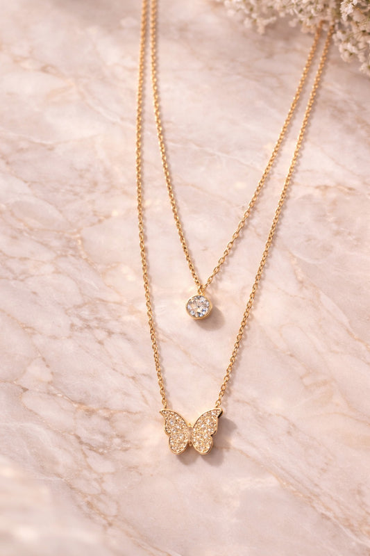 Elegant Gold Butterfly Double Layer Pendant Necklace with Crystal