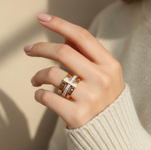 Roman Numeral Triple Band Ring – Gold Tone with Crystal Rhinestone Centre