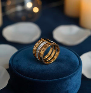 Roman Numeral Triple Band Ring – Gold Tone with Crystal Rhinestone Centre